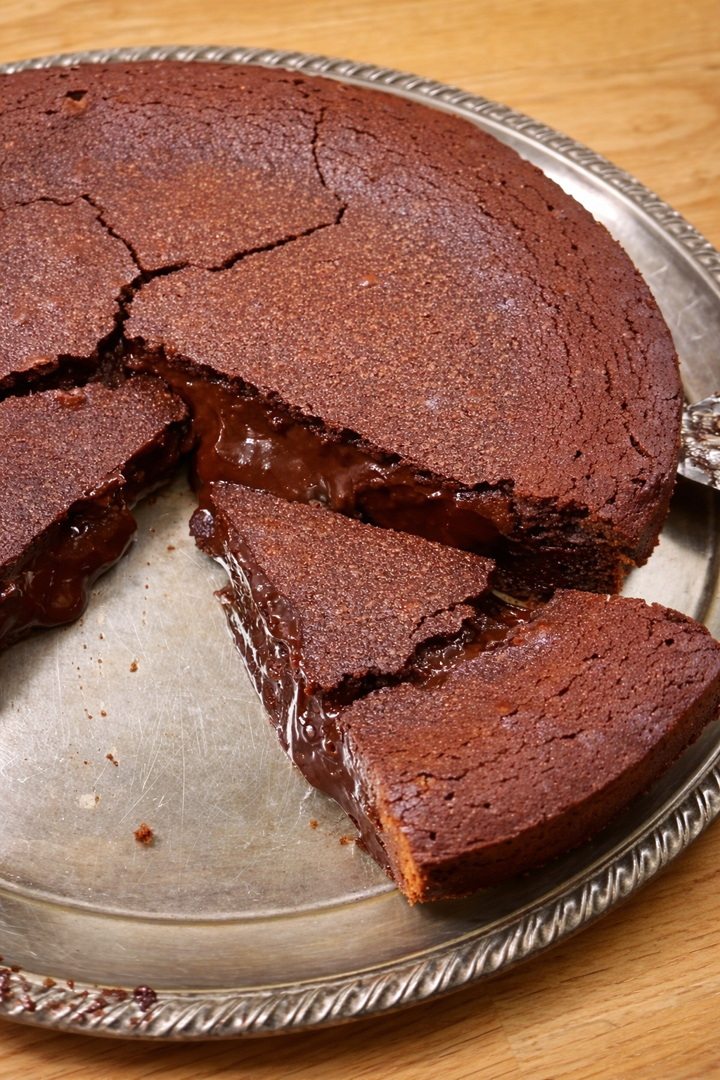 Čokoladni fondant s tekućom sredinom presječen na tanjiru