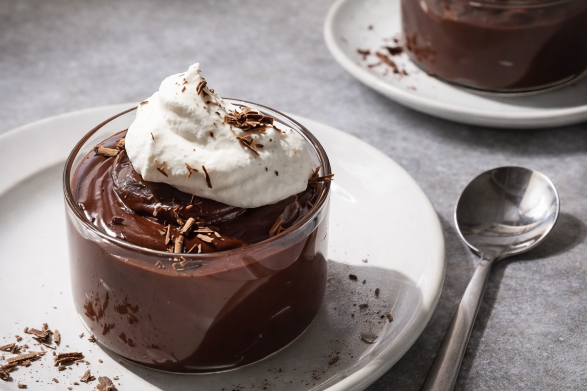 Čokoladni krem bez pečenja u staklenoj čaši sa tučenom pavlakom i rendanom čokoladom na vrhu
