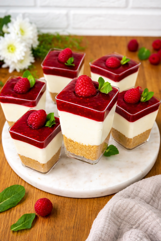 Desert od malina u čaši sa slojevima keksa, kreme i voćnog preliva