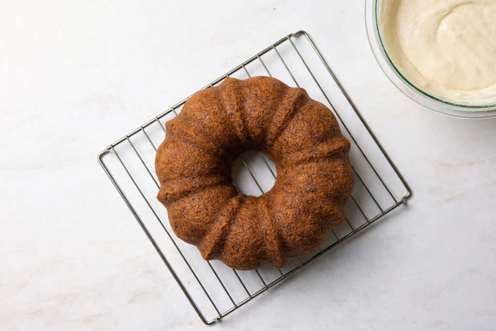 Pečeni kolač od mrkve u kalupu za kuglof na rešetki za hlađenje prije dodavanja glazure