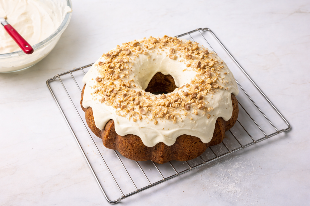 Kolač od mrkve u kalupu s rupom preliven glazurom od krem sira i posut sjeckanim orasima