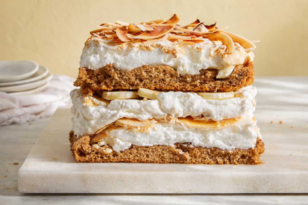 Presjek kolača sa snijegom od bjelanjaka, šlagom, kokosom i bananom