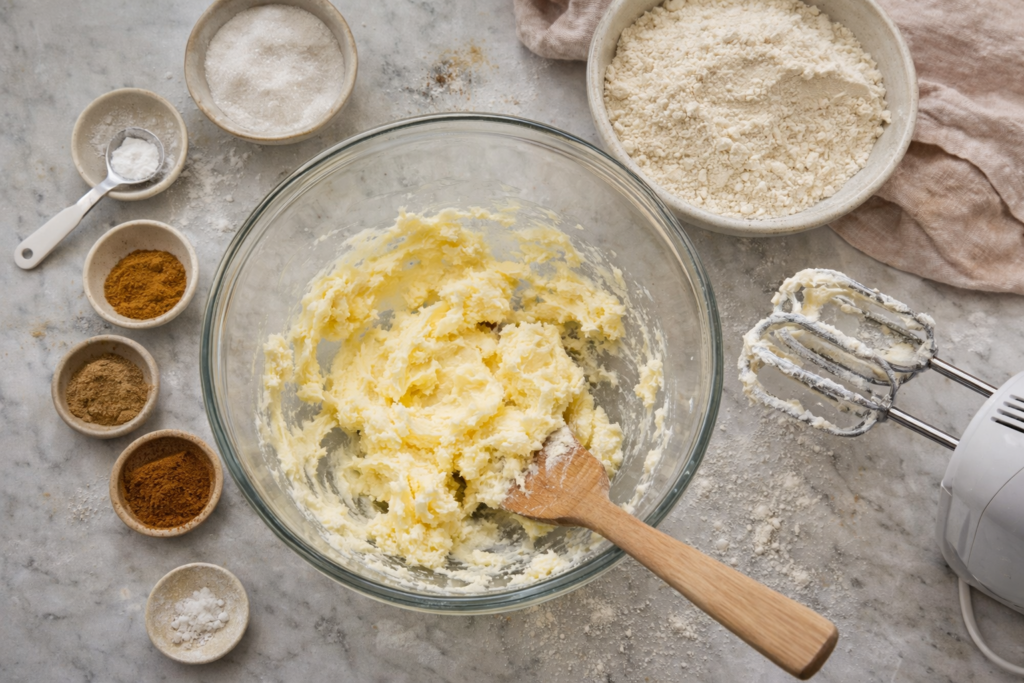 Mućenje putera i šećera kao prvi korak za kolač sa snijegom od bjelanjaka