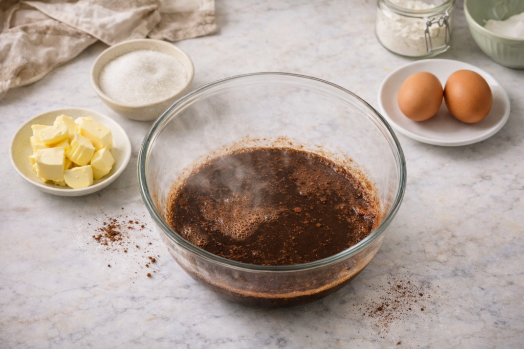 Nanini čokoladni kolačići s glazurom od mente – kakao preliven ključalom vodom u staklenoj zdjeli