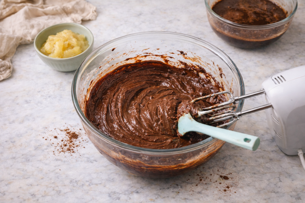 Nanini čokoladni kolačići s glazurom od mente – gusta čokoladna smjesa u zdjeli prije pečenja