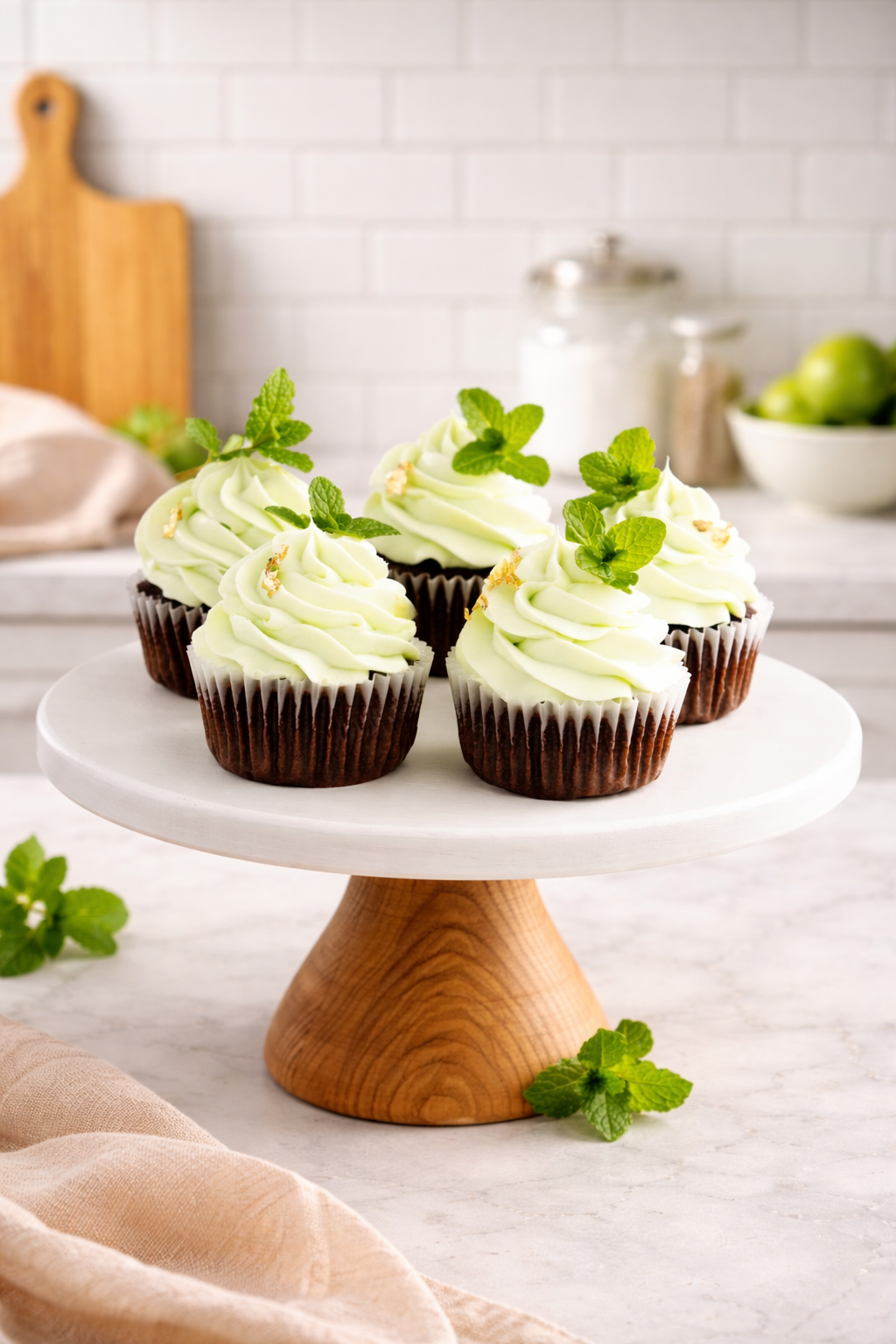 Nanini čokoladni kolačići s glazurom od mente na bijelom stalku ukrašeni svježim listićima mente