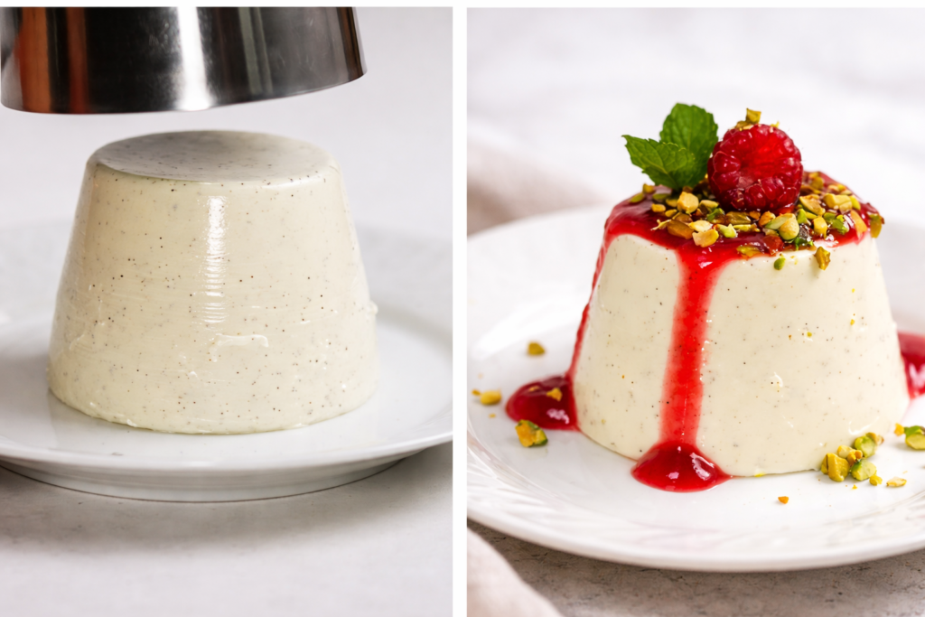 Panna cotta prije i poslije dekoracije sa preljevom od malina, pistacijama i svježom malinom