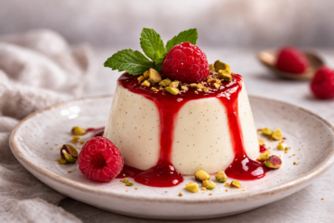 Panna cotta sa preljevom od malina i sjeckanim pistacijama na tanjiru