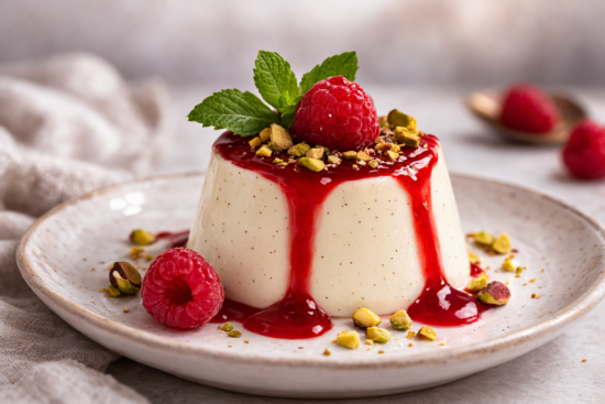 Panna cotta sa preljevom od malina i sjeckanim pistacijama na tanjiru