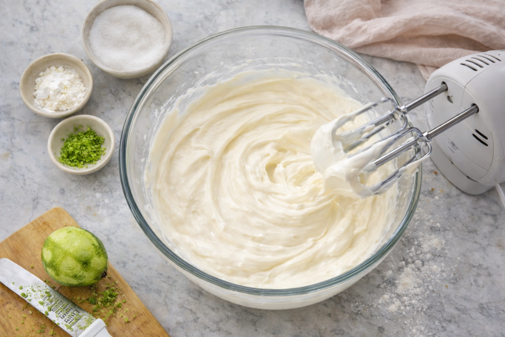 Miješanje kreme za čizkejk sa limetom mikserom