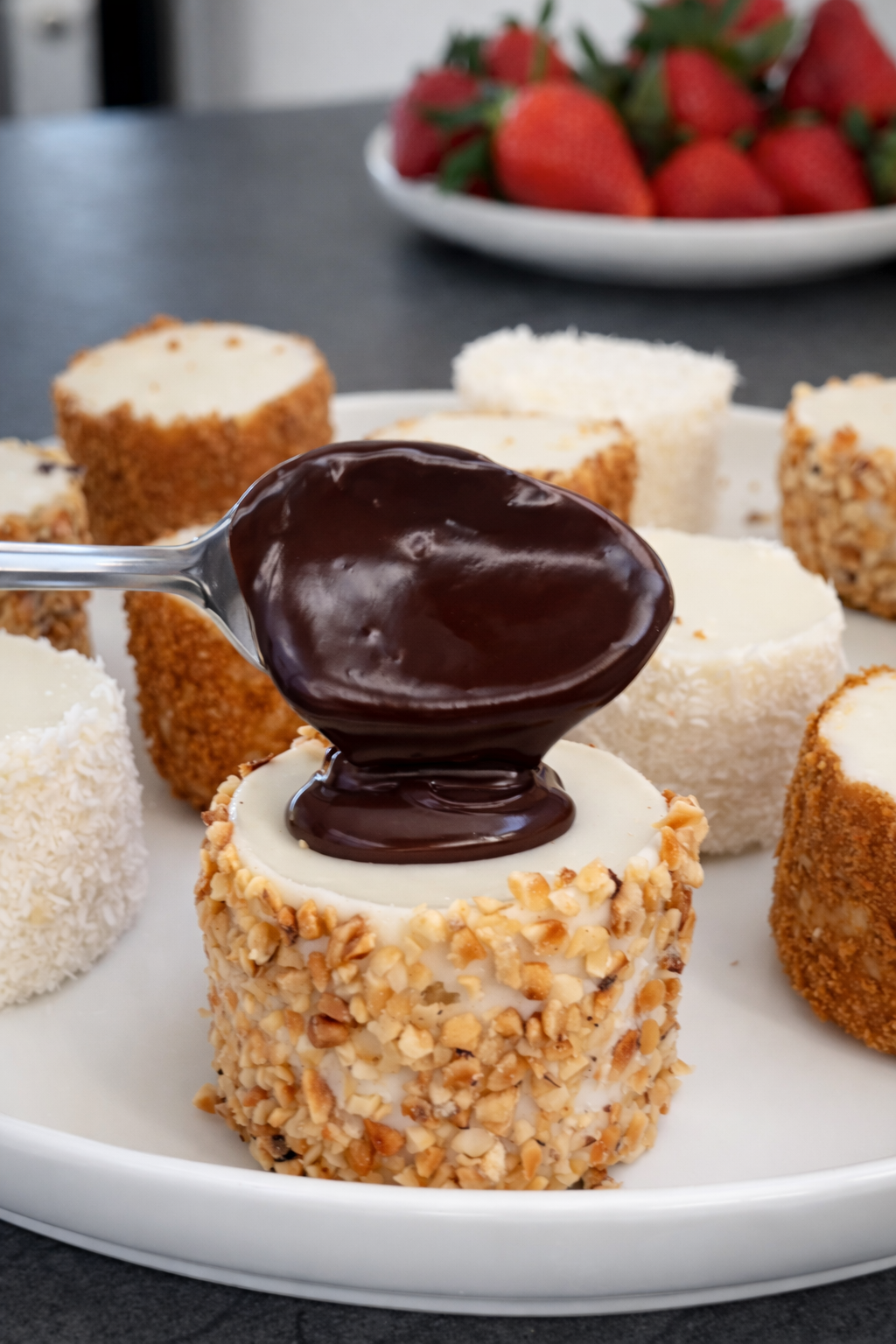 Puding u čaši desert bez pečenja uvaljan u lješnjake i kokos preliven čokoladnim preljevom