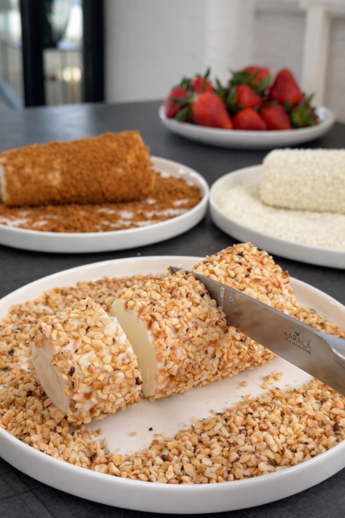 Puding u čaši uvaljan u sjeckane lješnjake dok se reže na komade