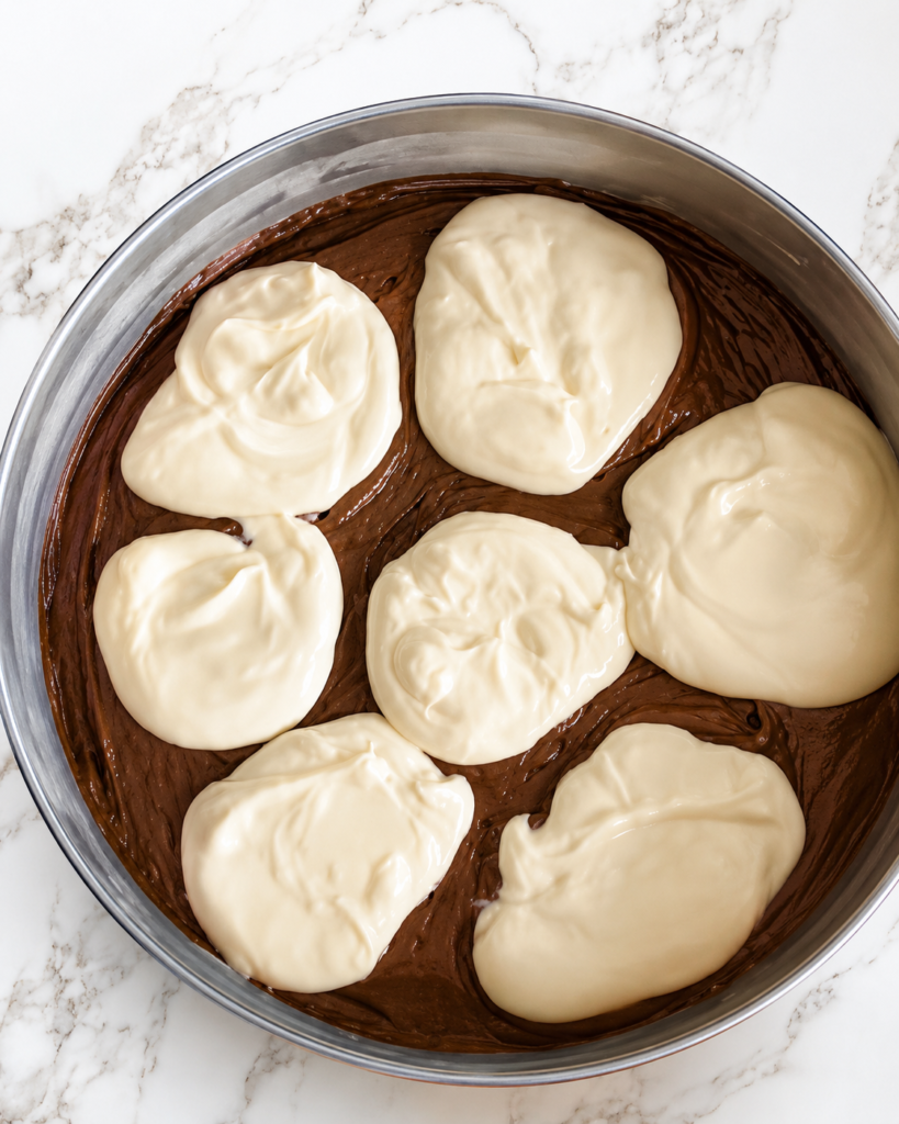 Dodavanje cheesecake smjese preko čokoladnog tijesta za čokoladnu tortu sa višnjama