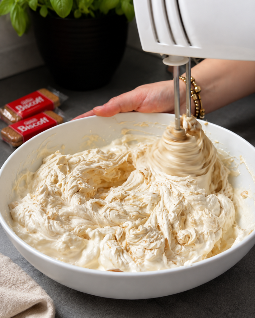 Miksanje kremaste smjese za Lotus Cheesecake bez pečenja sa mascarpone sirom i Biscoff kremom