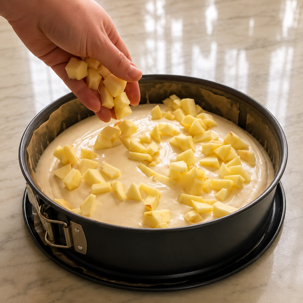 Komadići jabuka raspoređeni preko cheesecake smjese prije pečenja