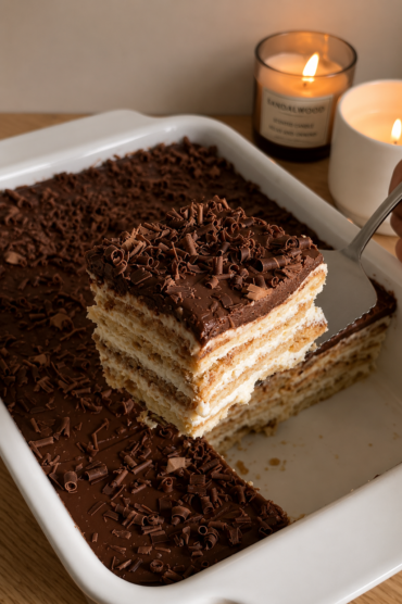 Kolač s keksom i Nutellom bez pečenja sa slojevima vanilija kreme i čokoladnim preljevom