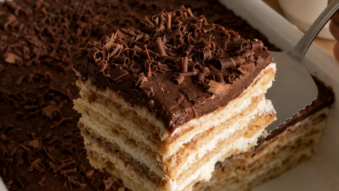 Kolač s keksom i Nutellom bez pečenja sa slojevima vanilija kreme i čokoladnim preljevom