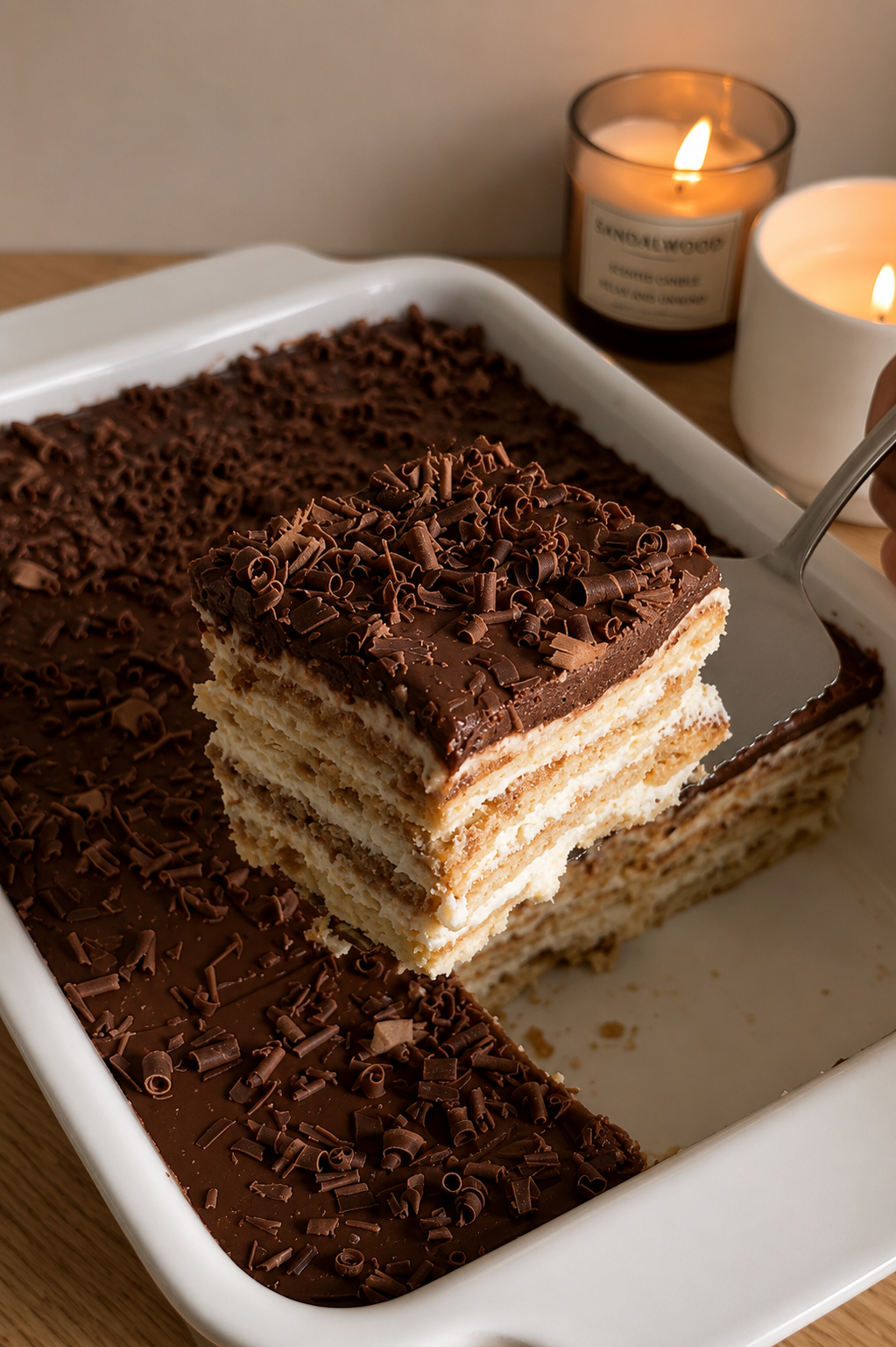 Kolač s keksom i Nutellom bez pečenja sa slojevima vanilija kreme i čokoladnim preljevom