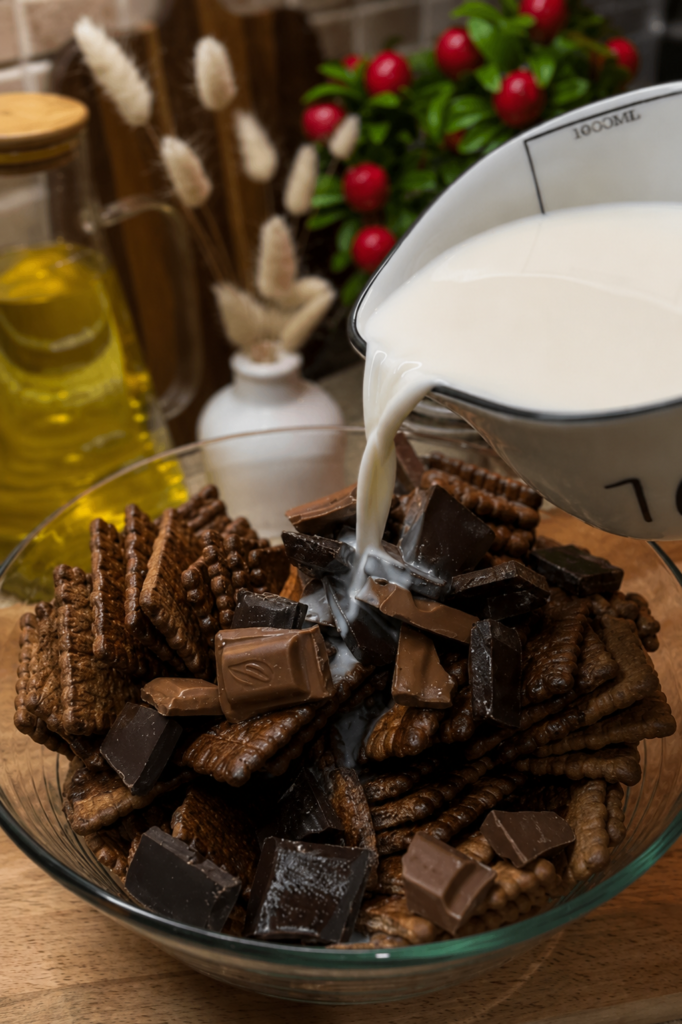 Dodavanje vrućeg mlijeka preko kakao Petit Beurre keksa i čokolade za čokoladni desert bez pečenja