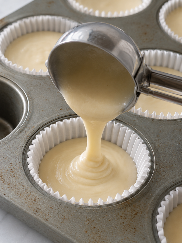 Punjenje korpica smjesom za vanila cupcakes prije pečenja