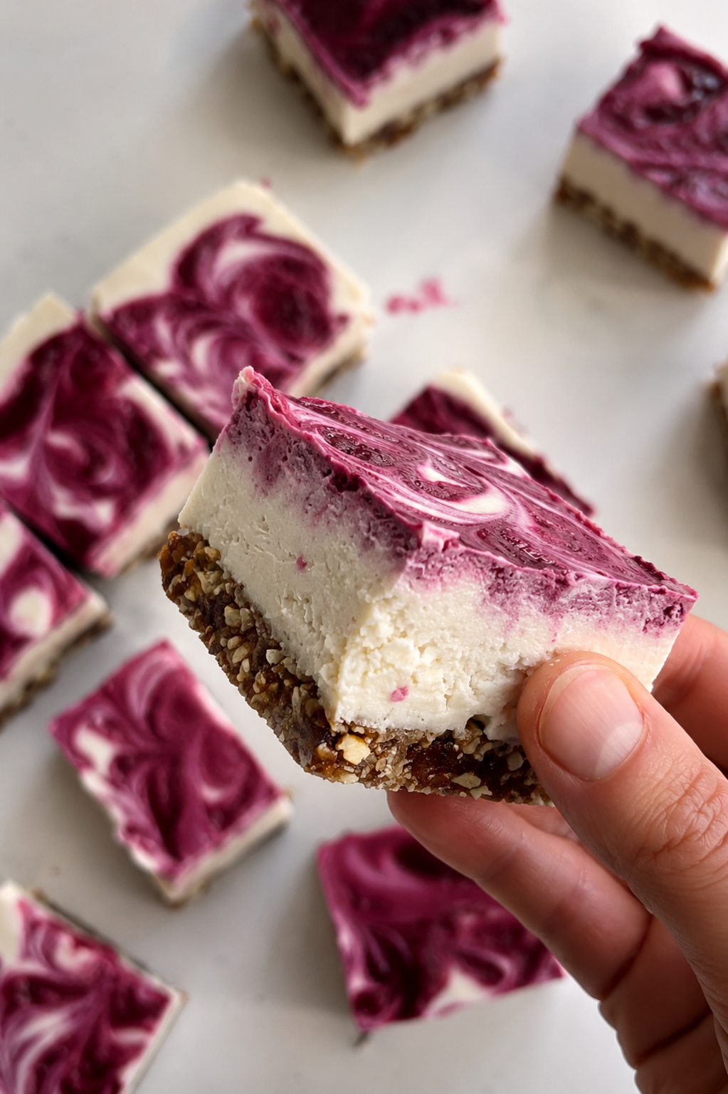 Veganski cheesecake s malinama bez pečenja narezan na kocke
