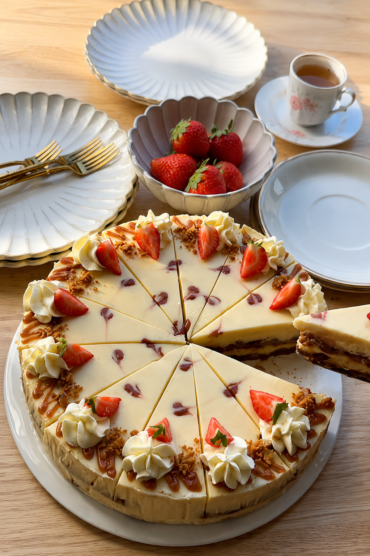 Cheesecake s karamelom i Biscoff keksima preliven ganacheom od bijele čokolade i karamelom.