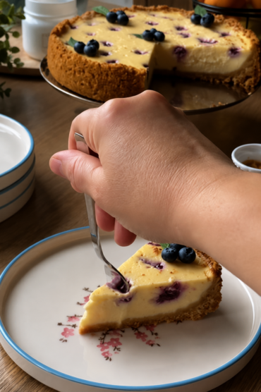 Cheesecake s marmeladom od borovnica na podlozi od keksa sa mramornim uzorkom od borovnica.