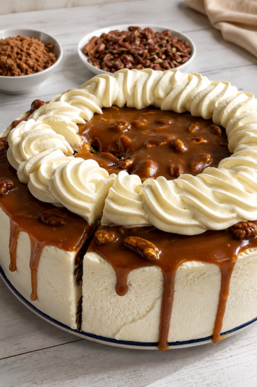 Karamel torta sa začinima, krem sirom i tostiranim pekan orasima na stalku za torte.