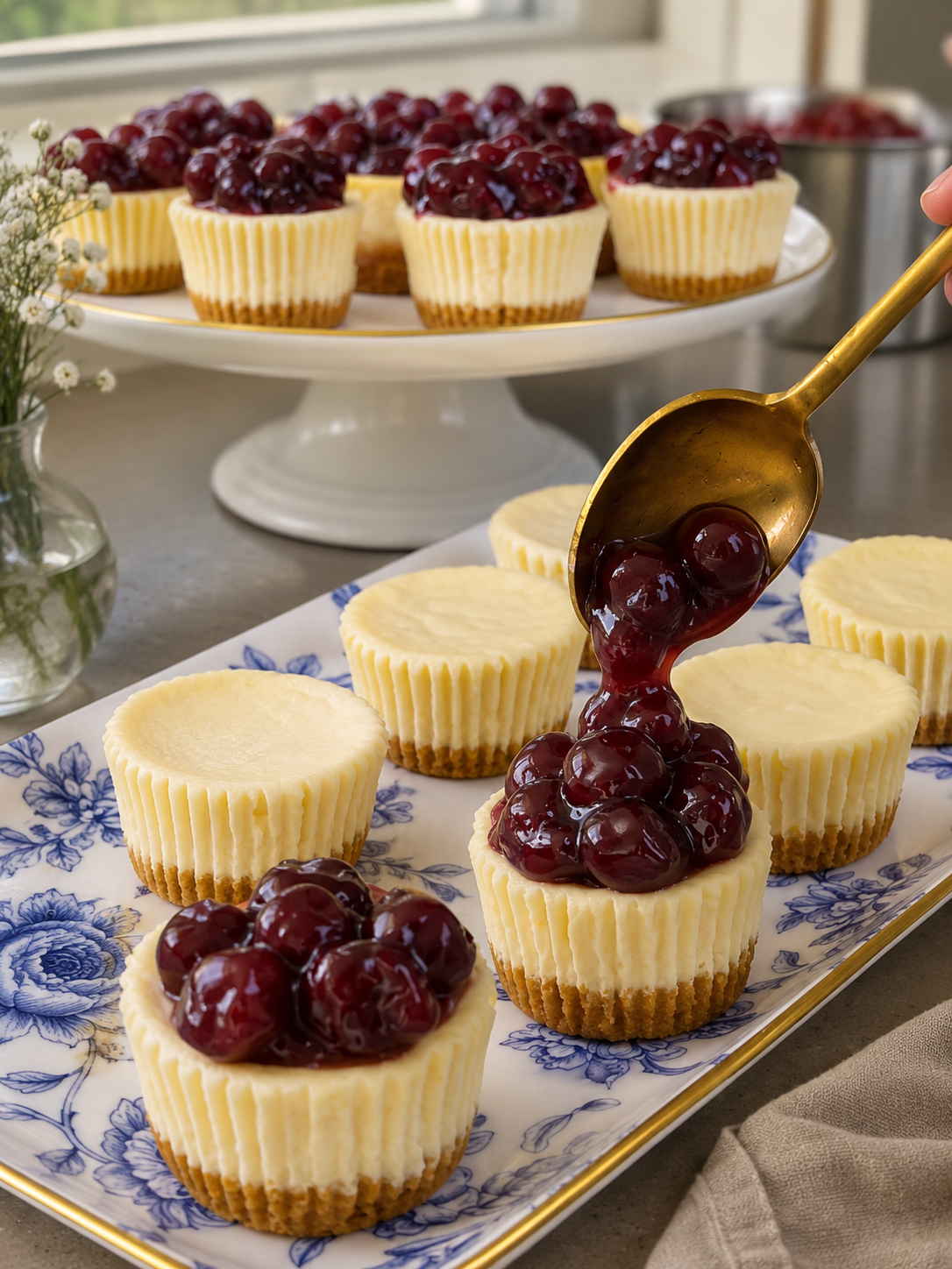 Mini cheesecake kolačići prelivaju se domaćim sosom od višanja neposredno prije posluživanja.