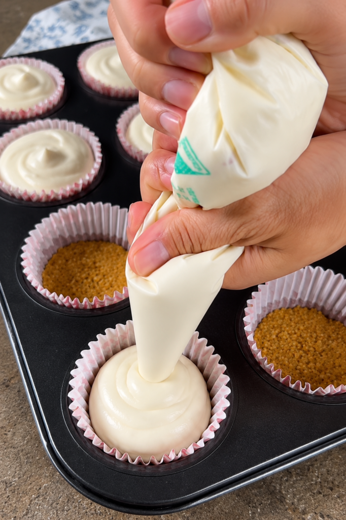 Punjenje papirnih korpica kremom za mini cheesecake kolačiće prije pečenja.