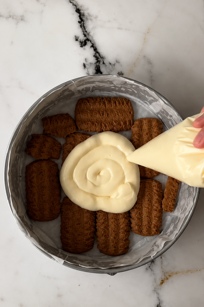 Slaganje cheesecakea s karamelom i Biscoff keksima u kalupu prije pečenja.