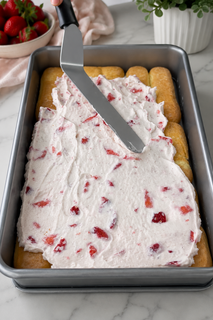 Mascarpone krema s komadićima svježih jagoda ravnomjerno se razmazuje preko sloja piškota za tiramisu od jagoda.