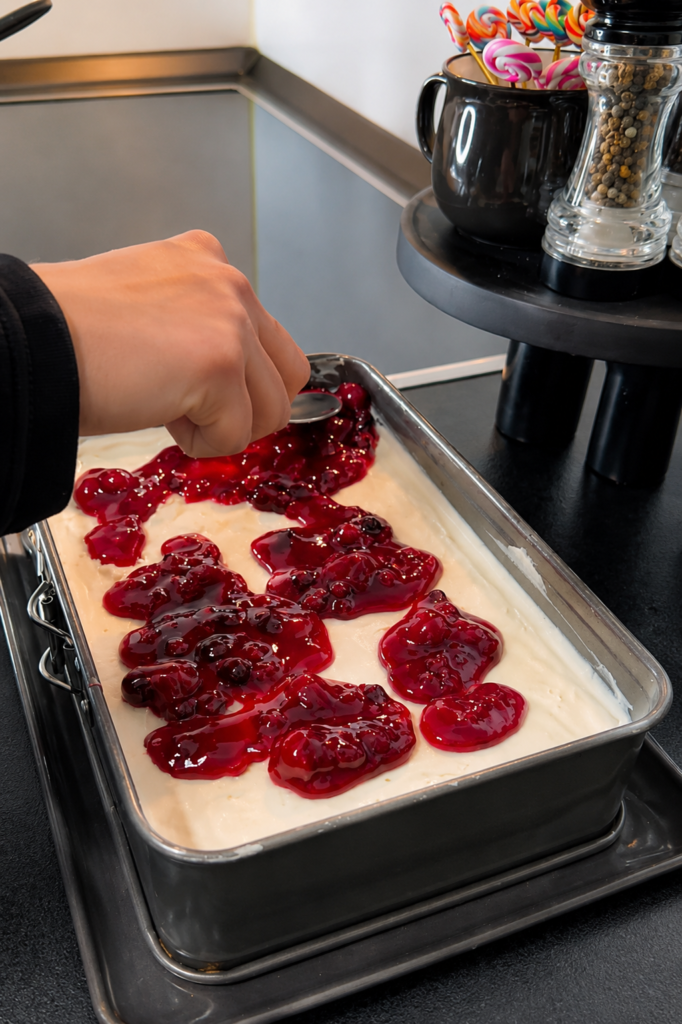 Preljev od šumskog voća ravnomjerno se raspoređuje preko mascarpone kreme prilikom pripreme torte od vafela bez pečenja.