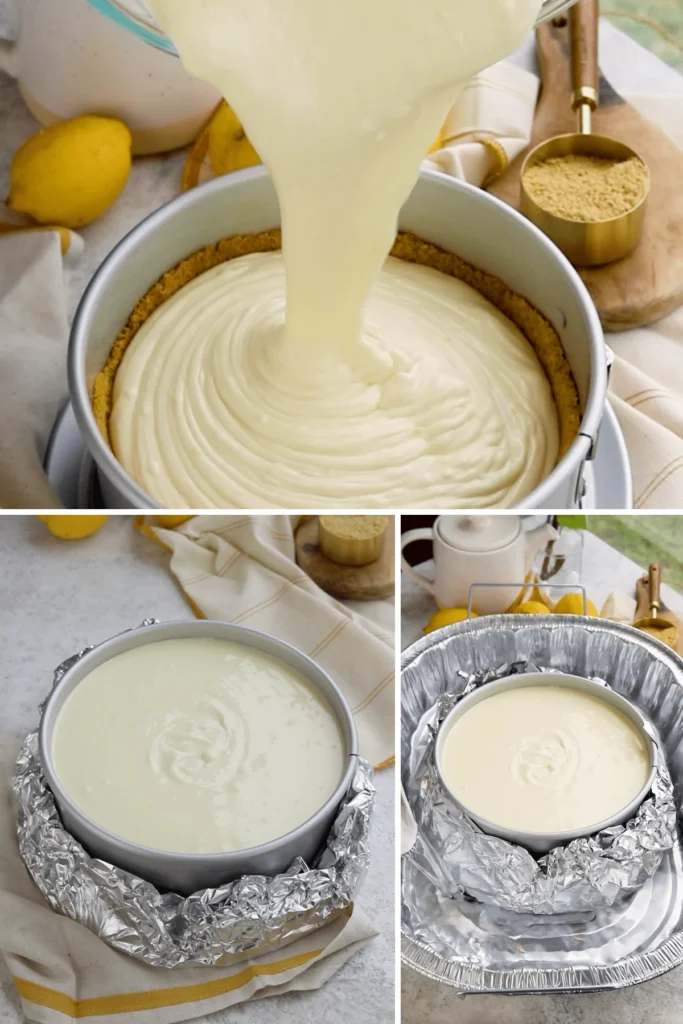 Priprema kreme za limunov cheesecake i pečenje u vodenoj kupki.