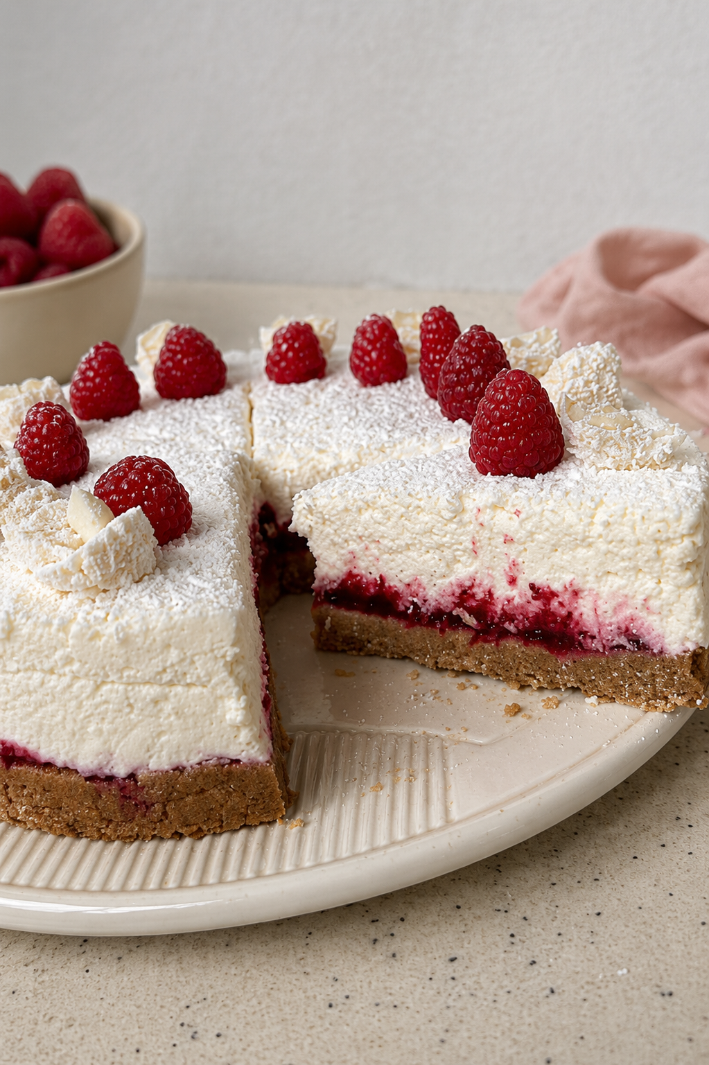 Raffaello torta s malinama bez pečenja ukrašena svježim malinama, kokosom i Raffaello kuglicama.