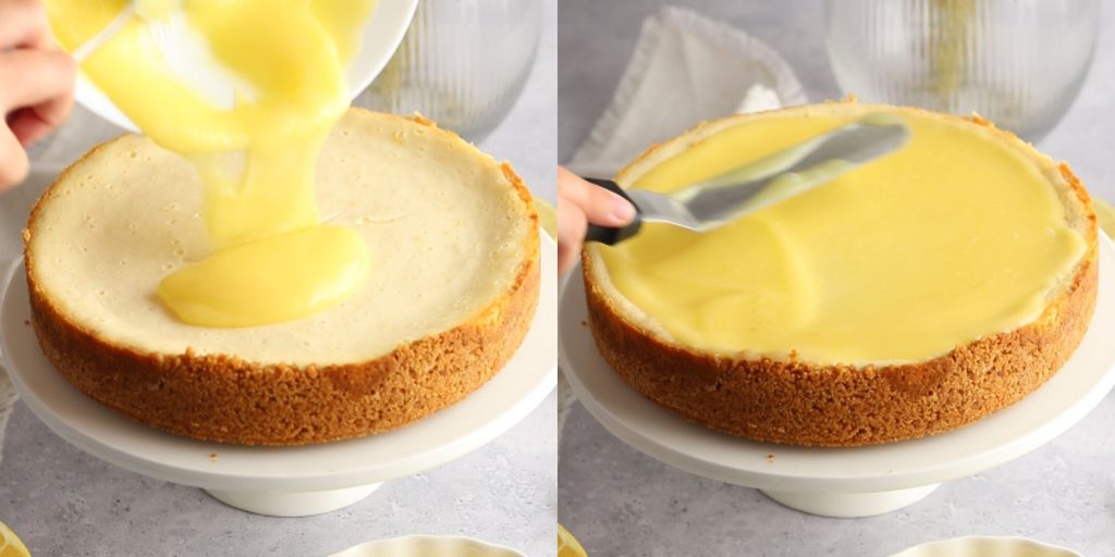 Nanošenje i ravnomjerno raspoređivanje lemon curda preko ohlađenog cheesecakea