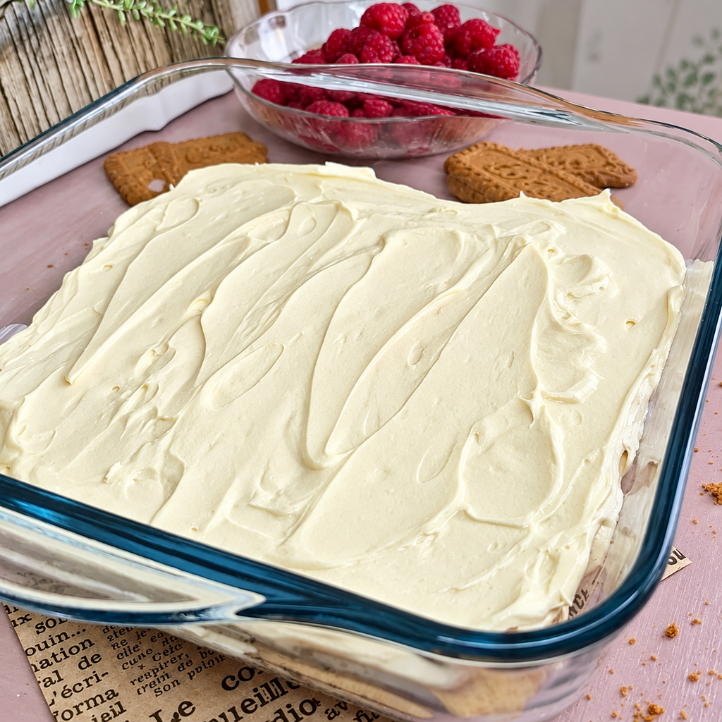 Mascarpone krema raspoređena preko piškota za Biscoff tiramisu s malinama