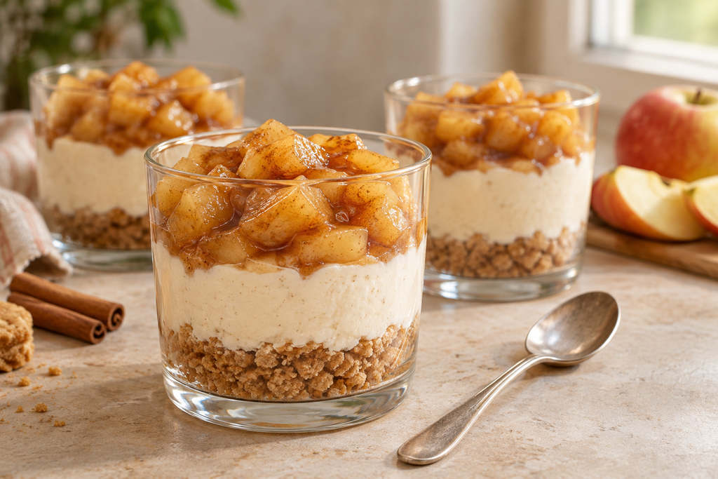 Veganski cheesecake s jabukama u čašama sa slojevima keksa, kreme i kuhanih jabuka