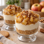 Veganski cheesecake s jabukama u čaši, složen s keksom, kremom i orasima